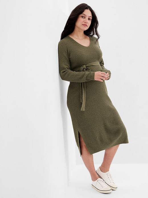 View large product image 1 of 1. Maternity Belted Midi Sweater Dress