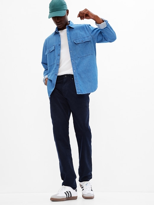 1 of 8 showing, with the color tapestry navy of product Slim Corduroy Pants in GapFlex with Washwell