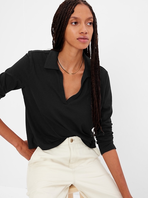 1 of 8 showing, with the color black of product Cropped V-Neck Polo Shirt