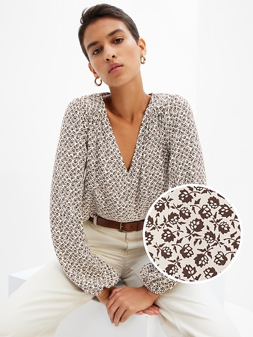 1 of 8 showing, with the color ivory beige & black print of product LENZING™ ECOVERO™ Balloon Sleeve Top