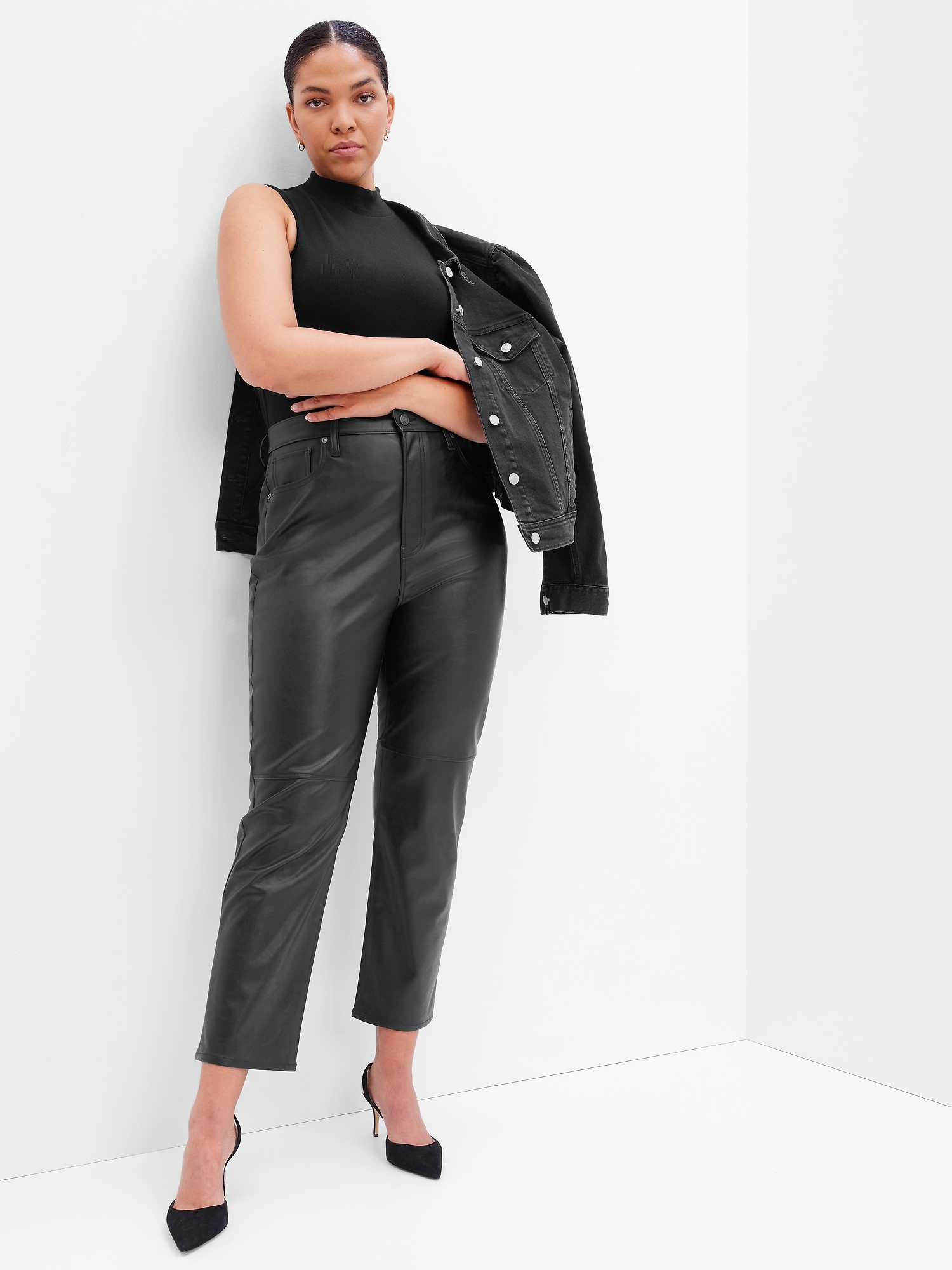 Sky High Rise Faux-Leather Cheeky Straight Pants