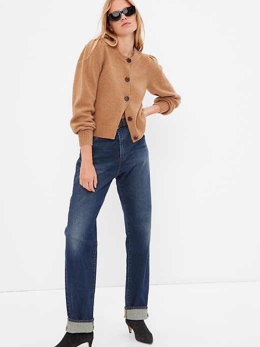 1 of 8 showing, with the color camel heather of product CashSoft Puff Sleeve Cardigan