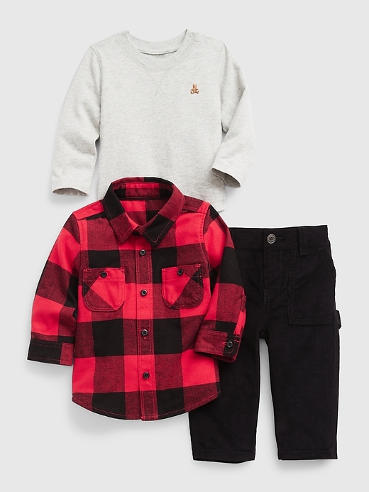 1 of 8 showing, with the color red buffalo plaid of product Baby 3-Piece Outfit Set
