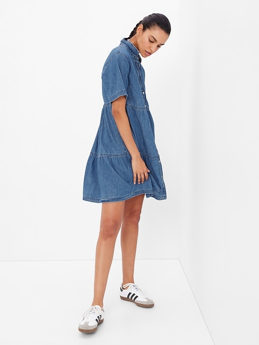 Image number 1 showing, Denim Tiered Mini Dress with Washwell