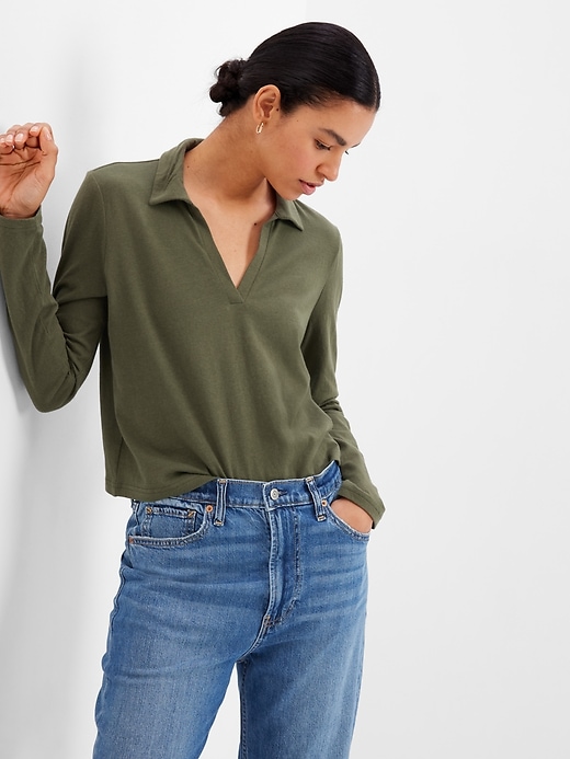1 of 8 showing, with the color army jacket green of product Cropped V-Neck Polo Shirt