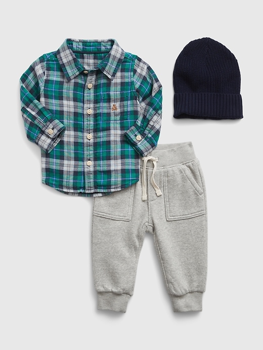 1 of 8 showing, with the color green navy plaid of product Baby 3-Piece Outfit Set