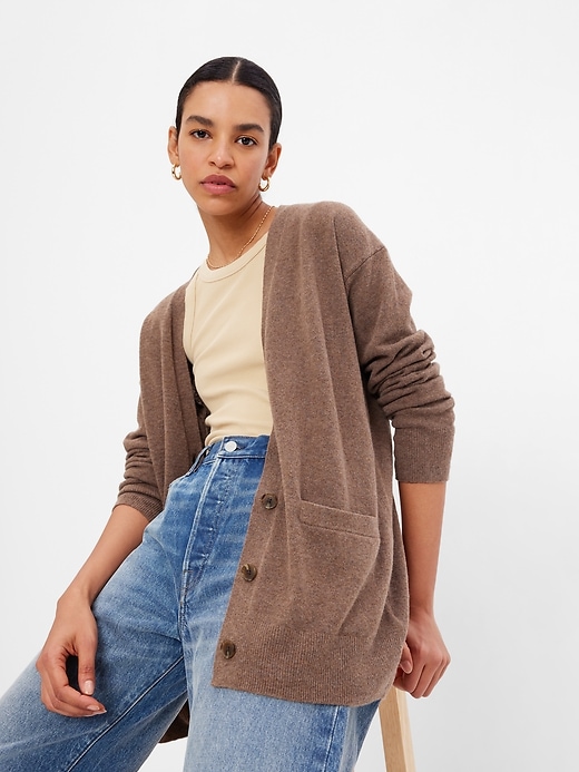 1 of 8 showing, with the color COZY BROWN of product CashSoft Boyfriend Cardigan