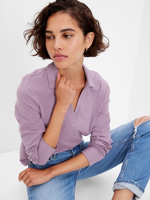1 of 8 showing, with the color amethyst purple of product Cropped V-Neck Polo Shirt