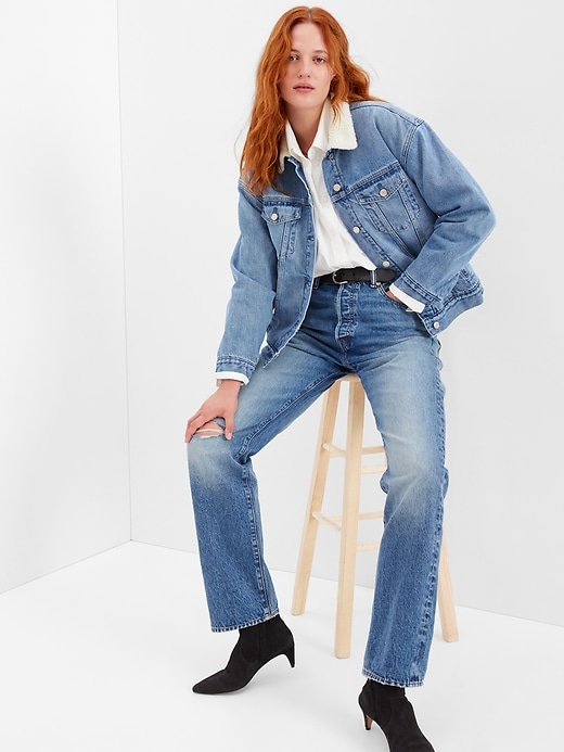 Women's Oversized Icon Denim Sherpa Jacket with Washwell by Gap Medium Indigo Tall Size XL