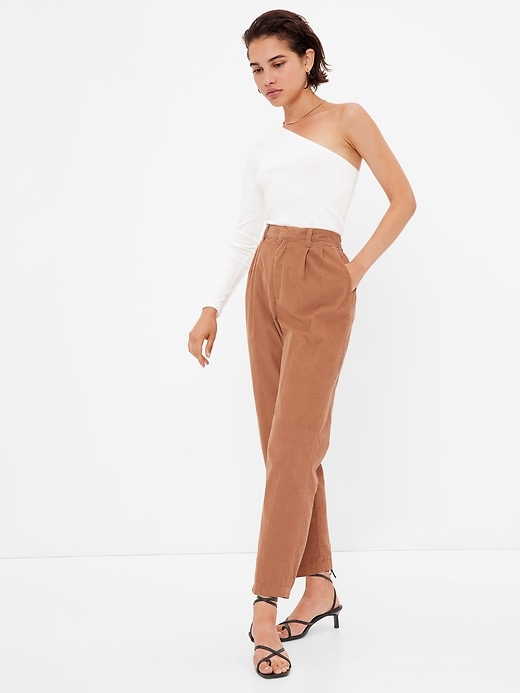 1 of 8 showing, with the color HOLIDAY BROWN of product High Rise Pleated Taper Corduroy Pants with Washwell