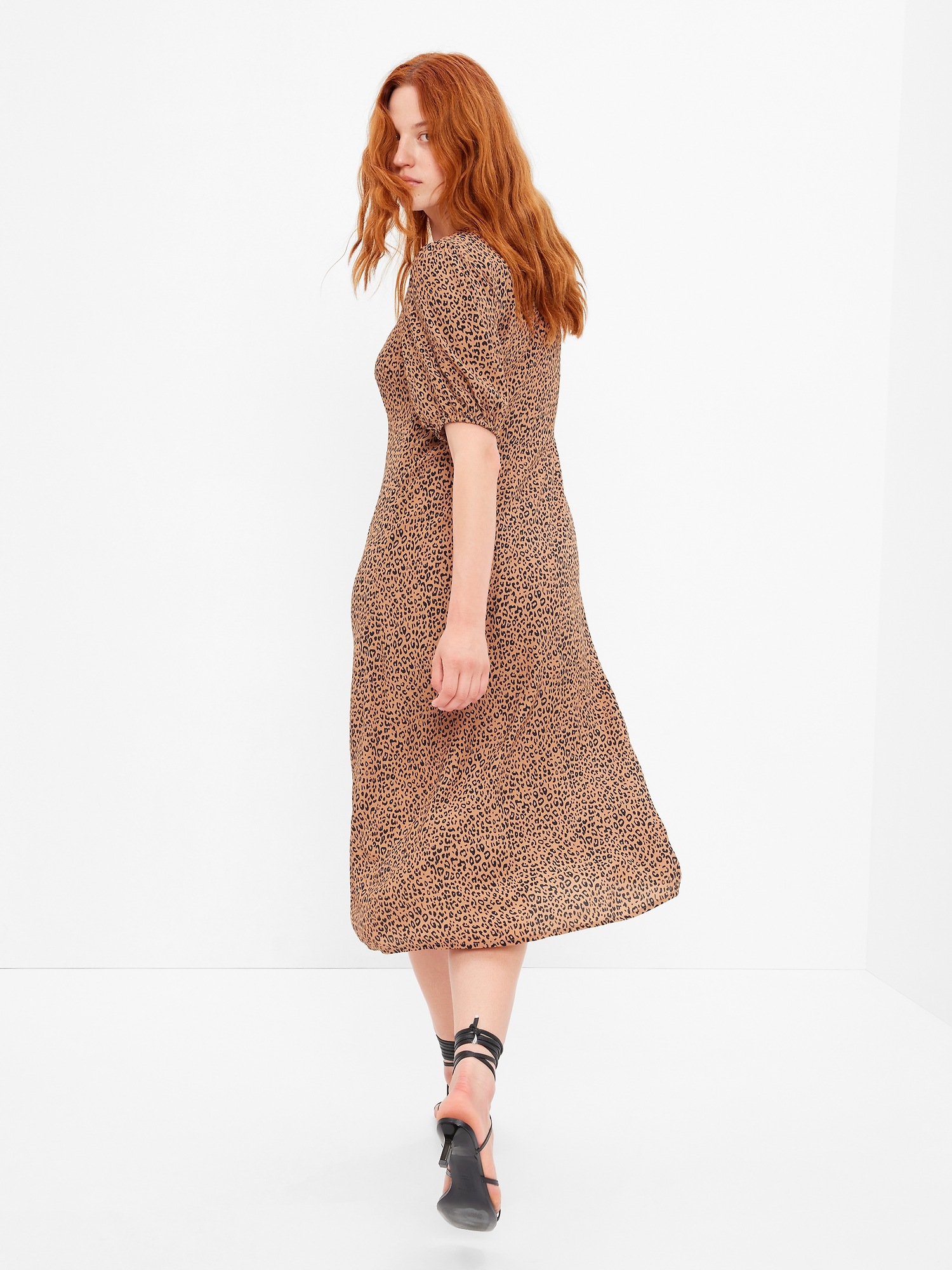 Women's Lenzing Ecovero Puff Sleeve Midi Dress by Gap Brown Leopard Print Petite Size 6