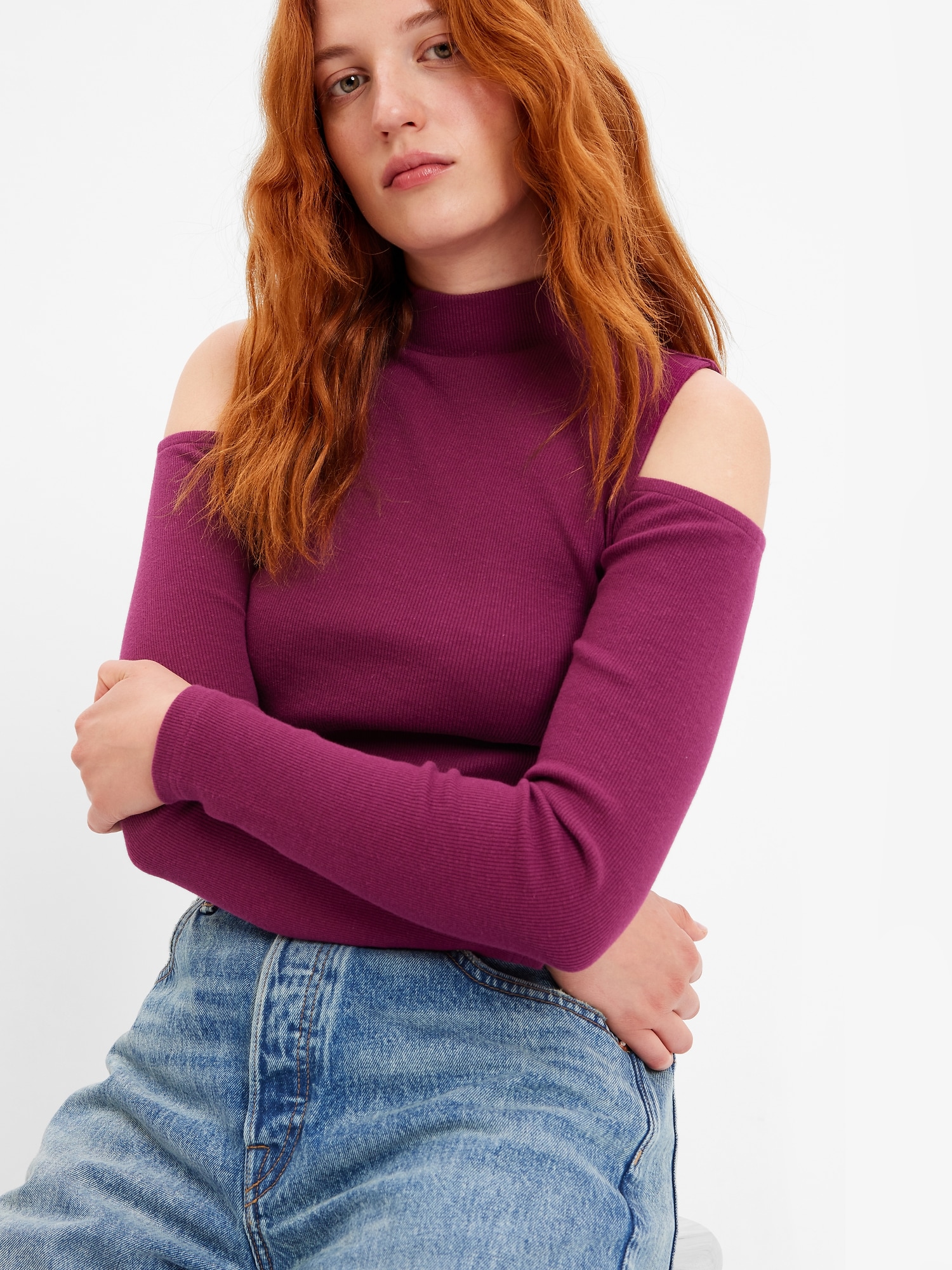 Mockneck Rib Cropped Cold Shoulder Top