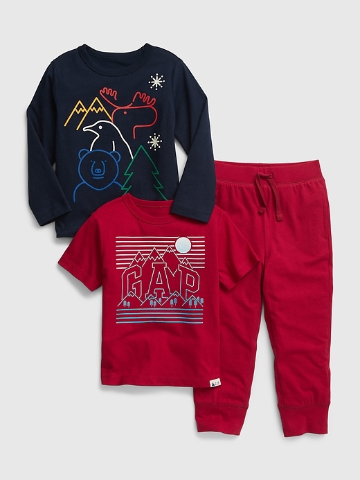 1 of 8 showing, with the color deep crimson red of product Toddler Organic Cotton Mix and Match 3-Piece Outfit Set