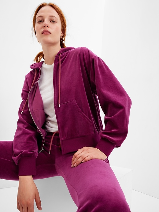 1 of 8 showing, with the color huckleberry purple of product Velour Full-Zip Hoodie