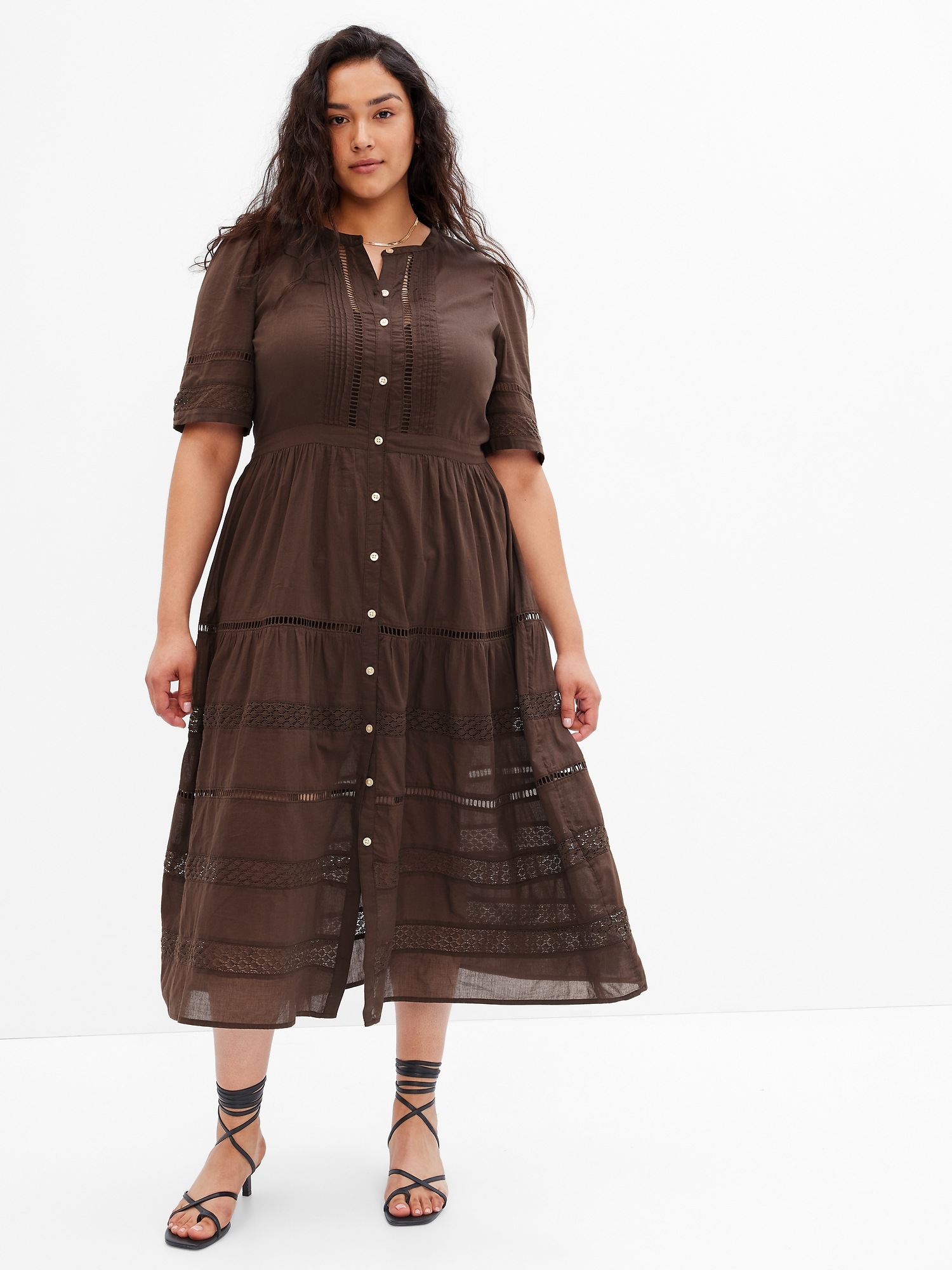 Umgee Button-Front Gauze Midi Dress with Lace Detail