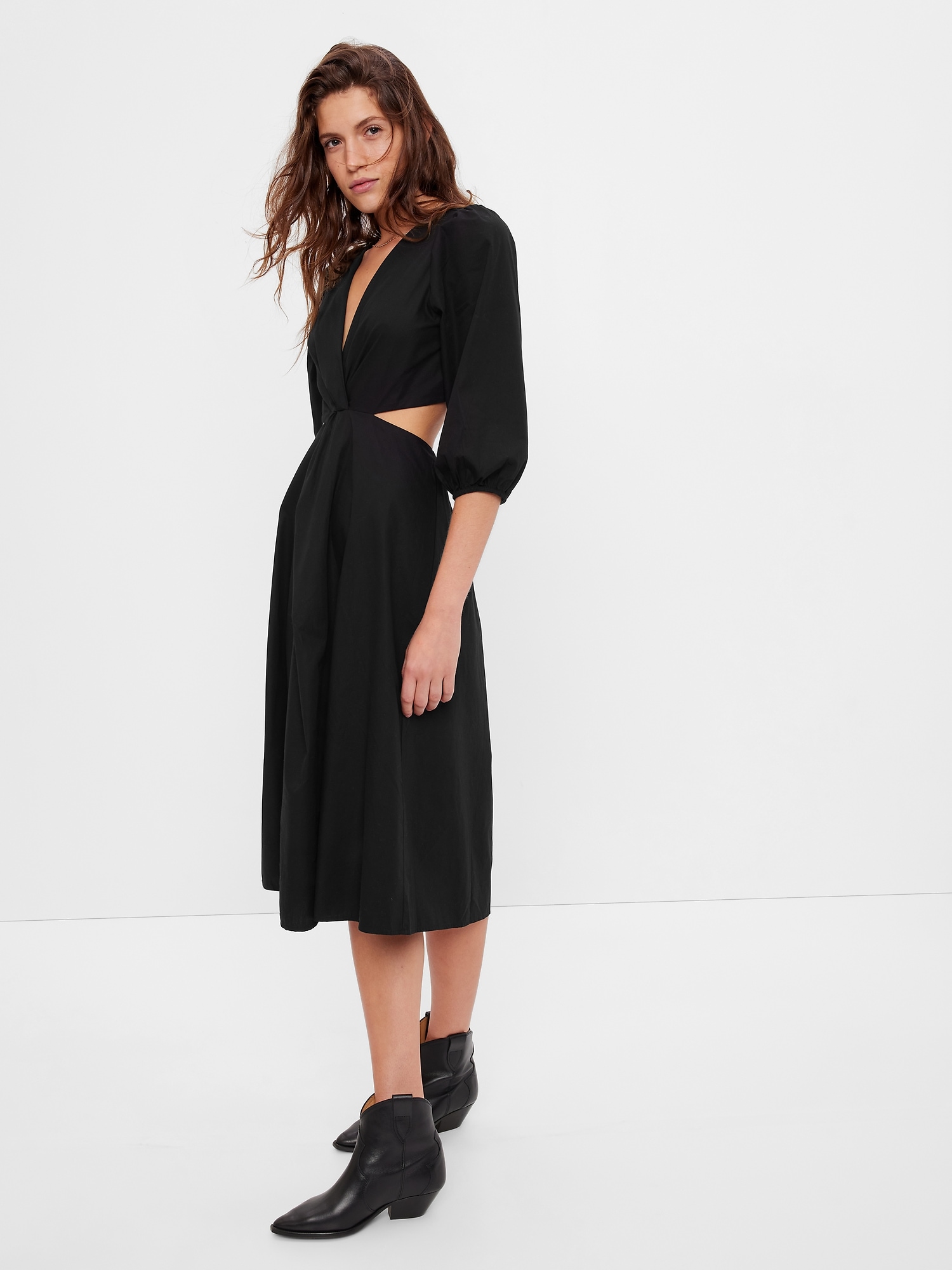 Gap Puff Sleeve Cutout Midi Dress black. 1