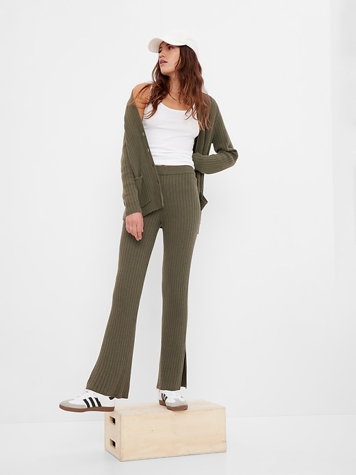 1 of 8 showing, with the color olive green of product Mid Rise Split Flare Sweater Pants