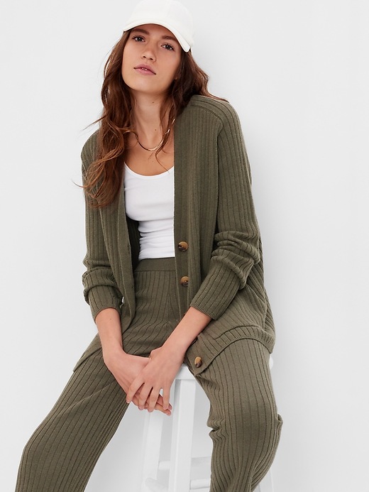 1 of 8 showing, with the color olive green of product Merino Wool-Blend Rib Cardigan