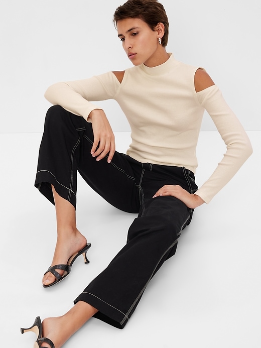 Mockneck Rib Cropped Cold Shoulder Top