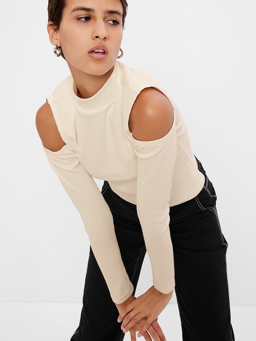 Image number 3 showing, Mockneck Rib Cropped Cold Shoulder Top