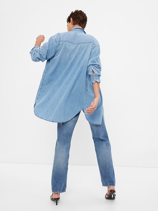 2 of 8 showing, with the color medium wash of product 100% Organic Cotton Oversized Western Denim Tunic with Washwell