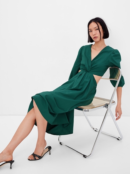 1 of 8 showing, with the color june bug green of product Puff Sleeve Cutout Midi Dress