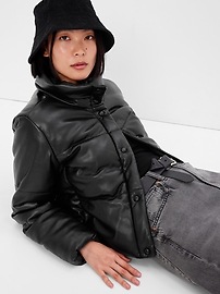 View large product image 3 of 3. Big Puff Faux-Leather Cropped Jacket