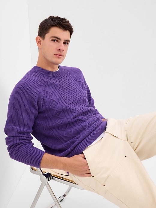 1 of 8 showing, with the color CROWN PURPLE of product Cable-Knit Crewneck Sweater