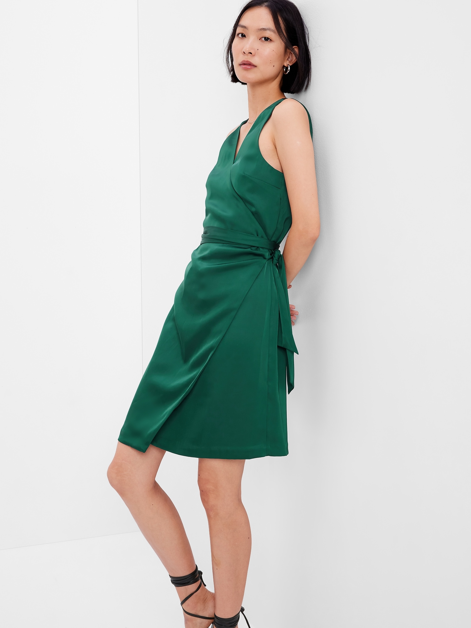 Gap Satin Mini Wrap Dress In June Bug Green | ModeSens