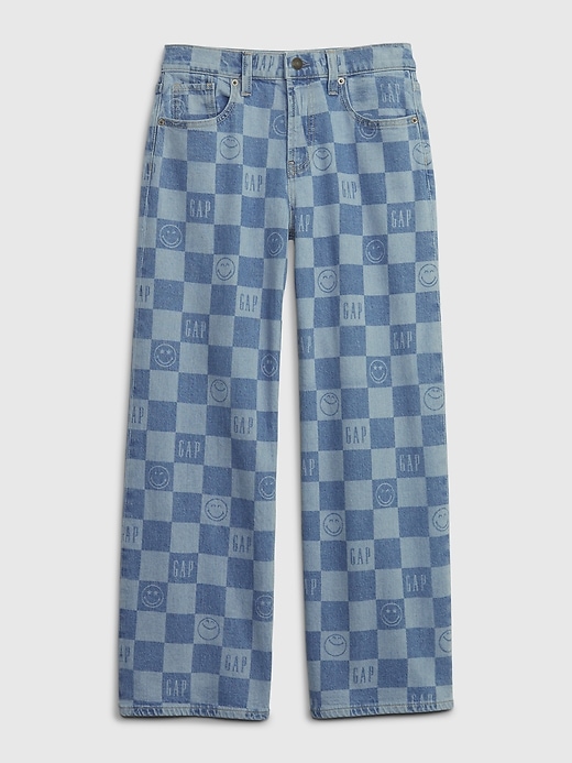1 of 8 showing, with the color indigo check of product Gap × SmileyWorld® Kids Low Stride Jeans with Washwell