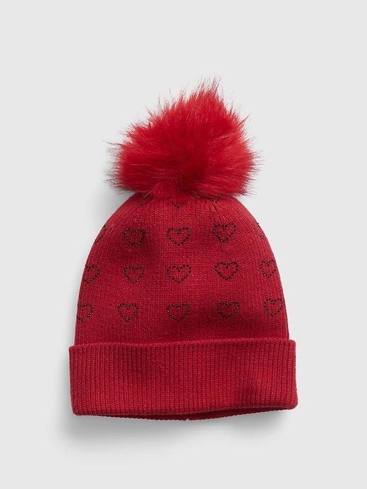 1 of 8 showing, with the color MODERN RED of product Kids Heart Pom Beanie