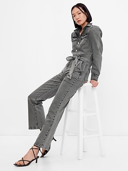 Puff Sleeve Tie Waist Medium Wash Denim Jumpsuit