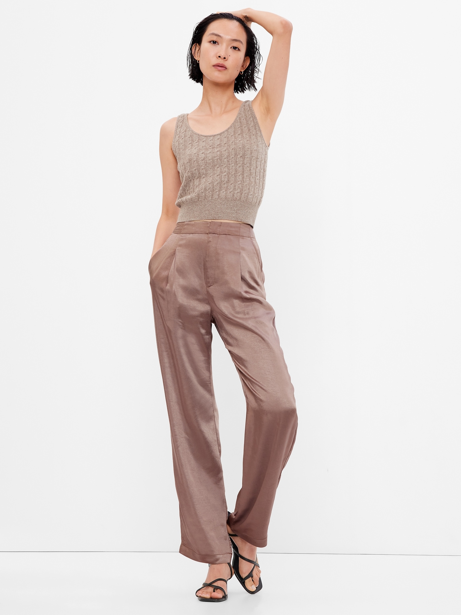 High Rise Pleated Satin Trousers