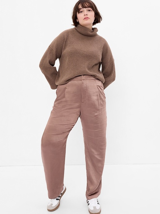 2 of 8 showing, with the color cashmere brown of product High Rise Pleated Satin Trousers