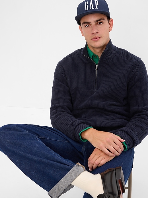 1 of 8 showing, with the color new classic navy of product Half-Zip Rib Mockneck Sweater