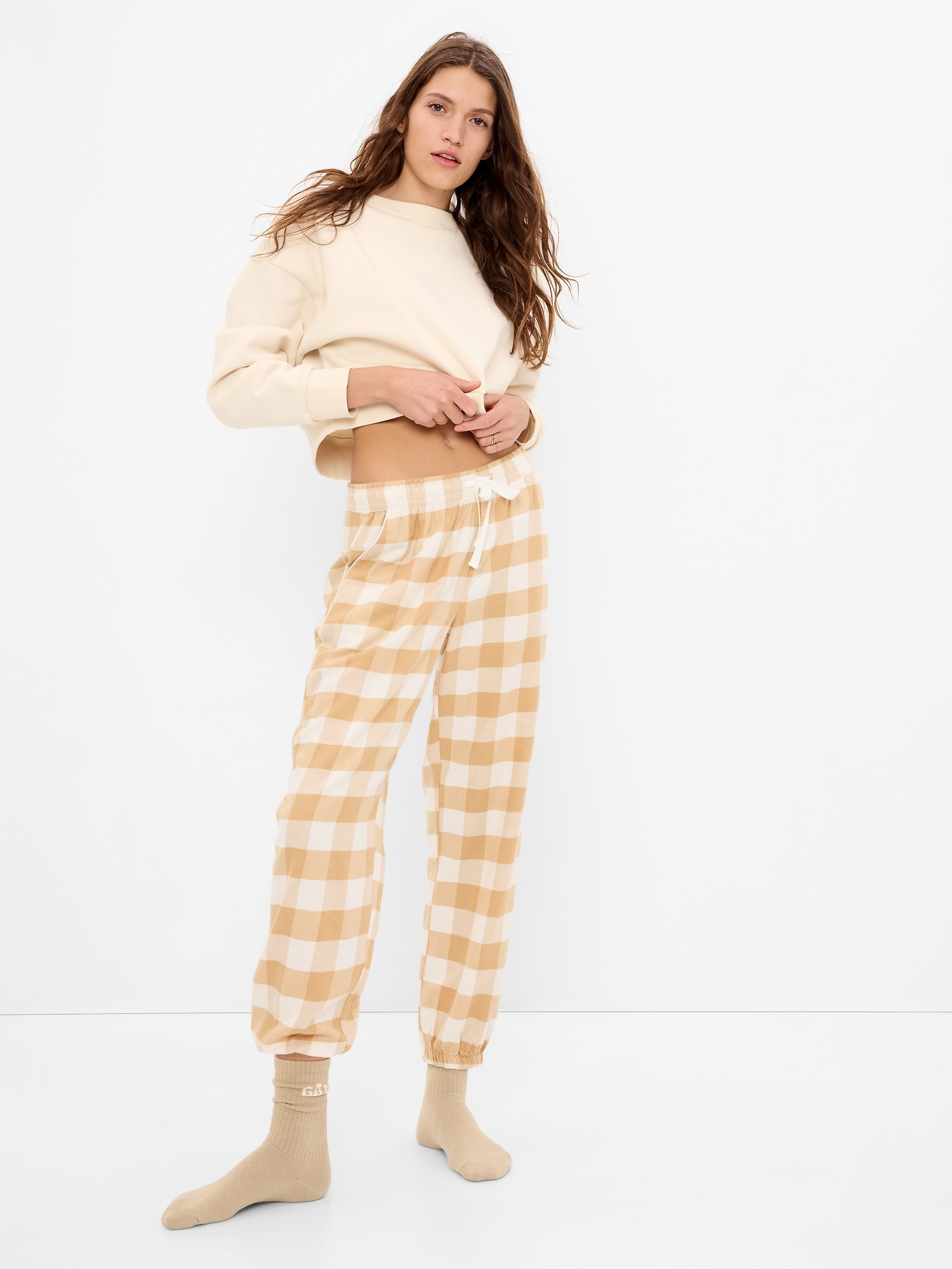 Gap Flannel Pj Joggers In Camel Tan Buffalo Plaid