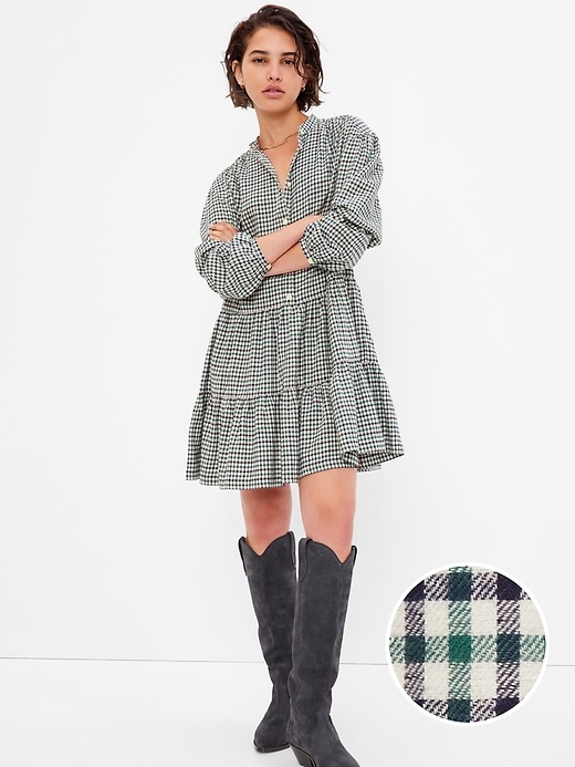 1 of 8 showing, with the color GREEN NAVY PLAID of product Plaid Tiered Mini Dress