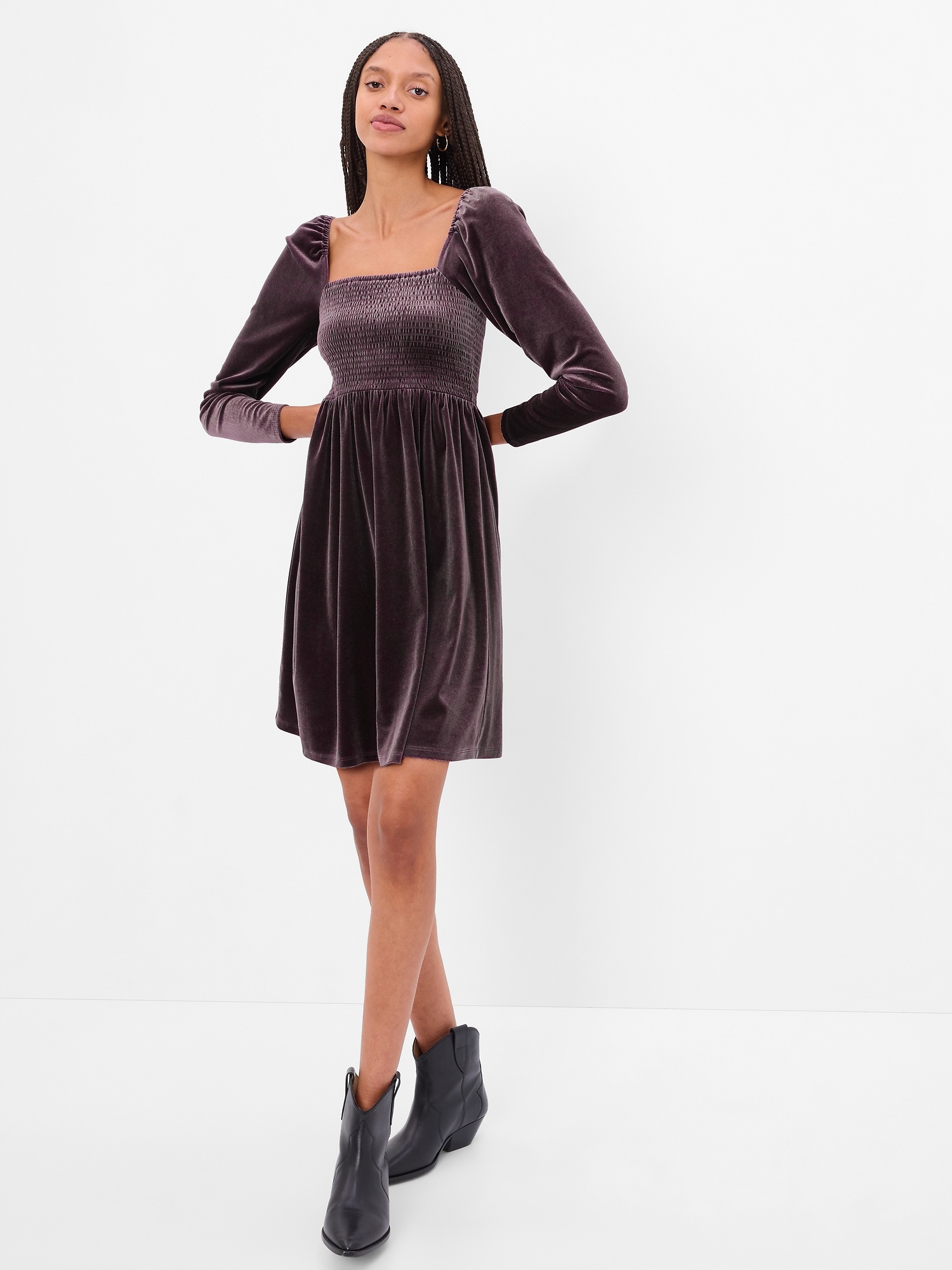 Gap Smocked Velvet Mini Dress In Dark Brown