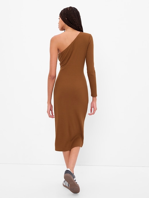 2 of 8 showing, with the color bright brown of product One-Shoulder Rib Midi Dress
