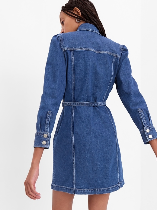gap puff sleeve denim dress Denim Puff-Sleeve Seamed Mini Dress