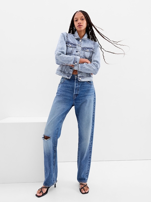 1 of 8 showing, with the color light indigo of product Puff Sleeve Denim Jacket