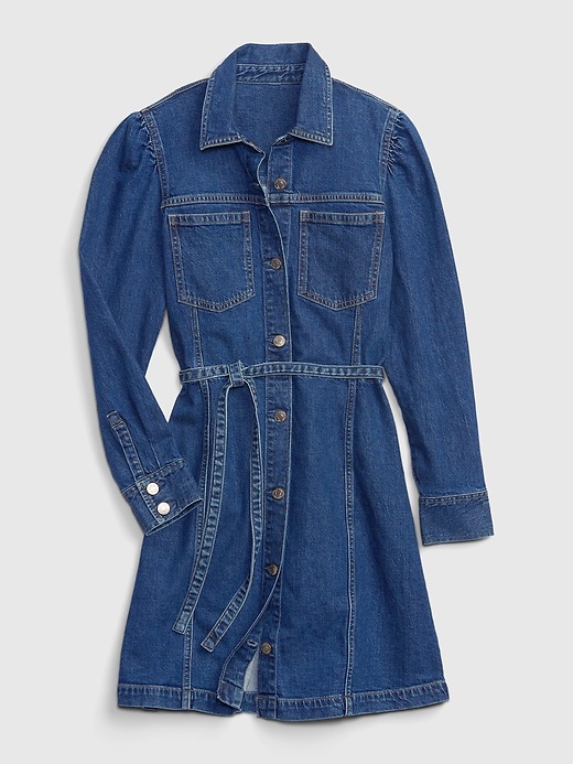 gap puff sleeve denim dress Women's Denim Puff-Sleeve Button-Front Maxi Dress by Gap Dark Wash Size M