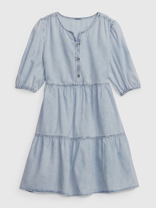 1 of 8 showing, with the color acid wash of product Kids Tiered Denim Dress with Washwell