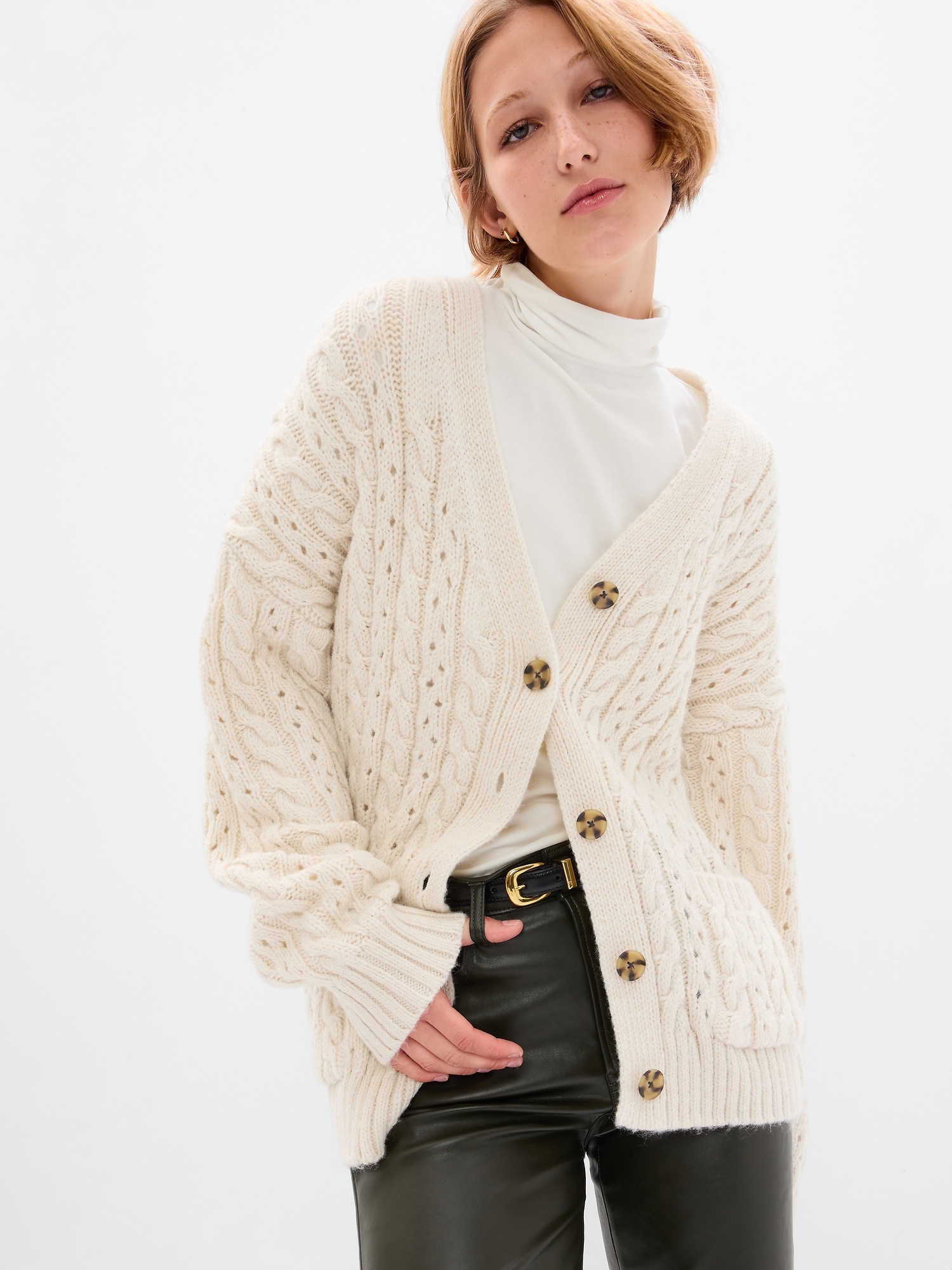 Gap Recycled Cable-Knit Pointelle Cardigan beige. 1