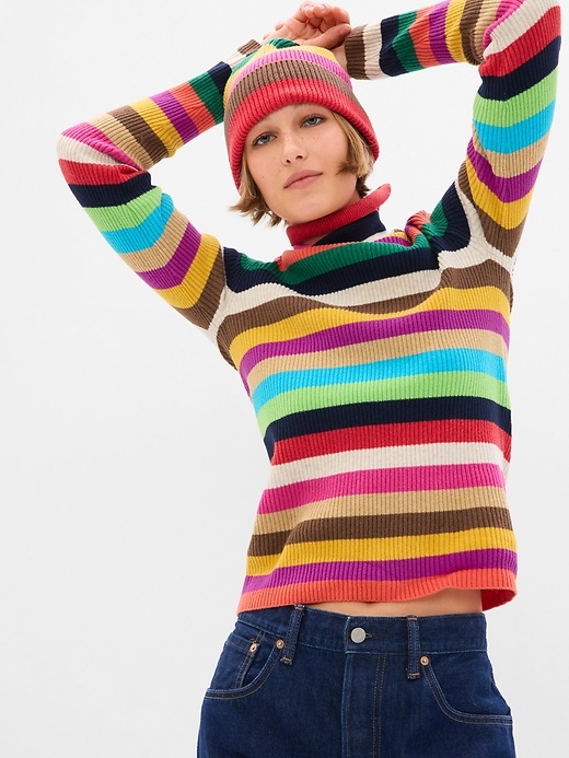 Women's Cashsoft Rib Turtleneck Sweater by Gap Multi Color Happy Stripe Size M