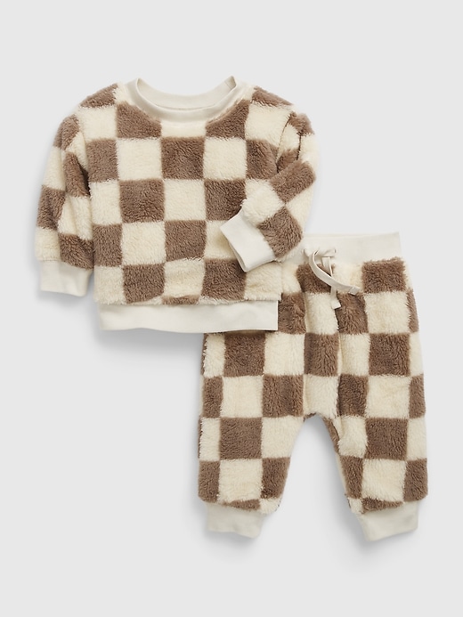 1 of 8 showing, with the color flannel taupe of product Baby Checkered Sherpa Outfit Set