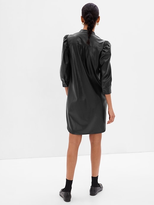 2 of 8 showing, with the color black of product Puff Sleeve Faux-Leather Mini Shirtdress