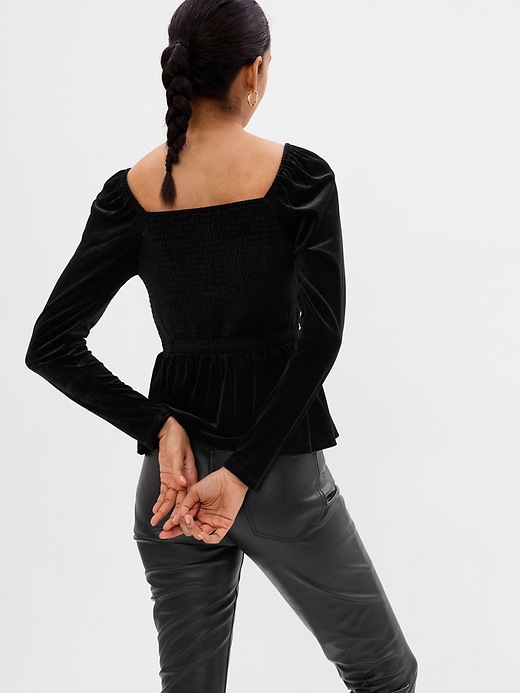 2 of 8 showing, with the color black of product Puff Sleeve Smocked Peplum Velvet Top