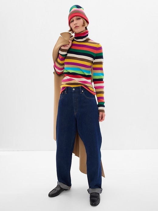 1 of 8 showing, with the color multi color Happy Stripe of product CashSoft Rib Turtleneck Sweater