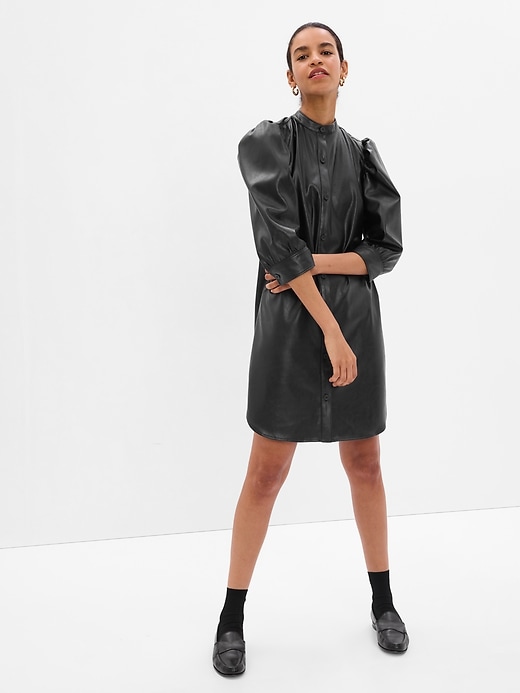 1 of 8 showing, with the color black of product Puff Sleeve Faux-Leather Mini Shirtdress
